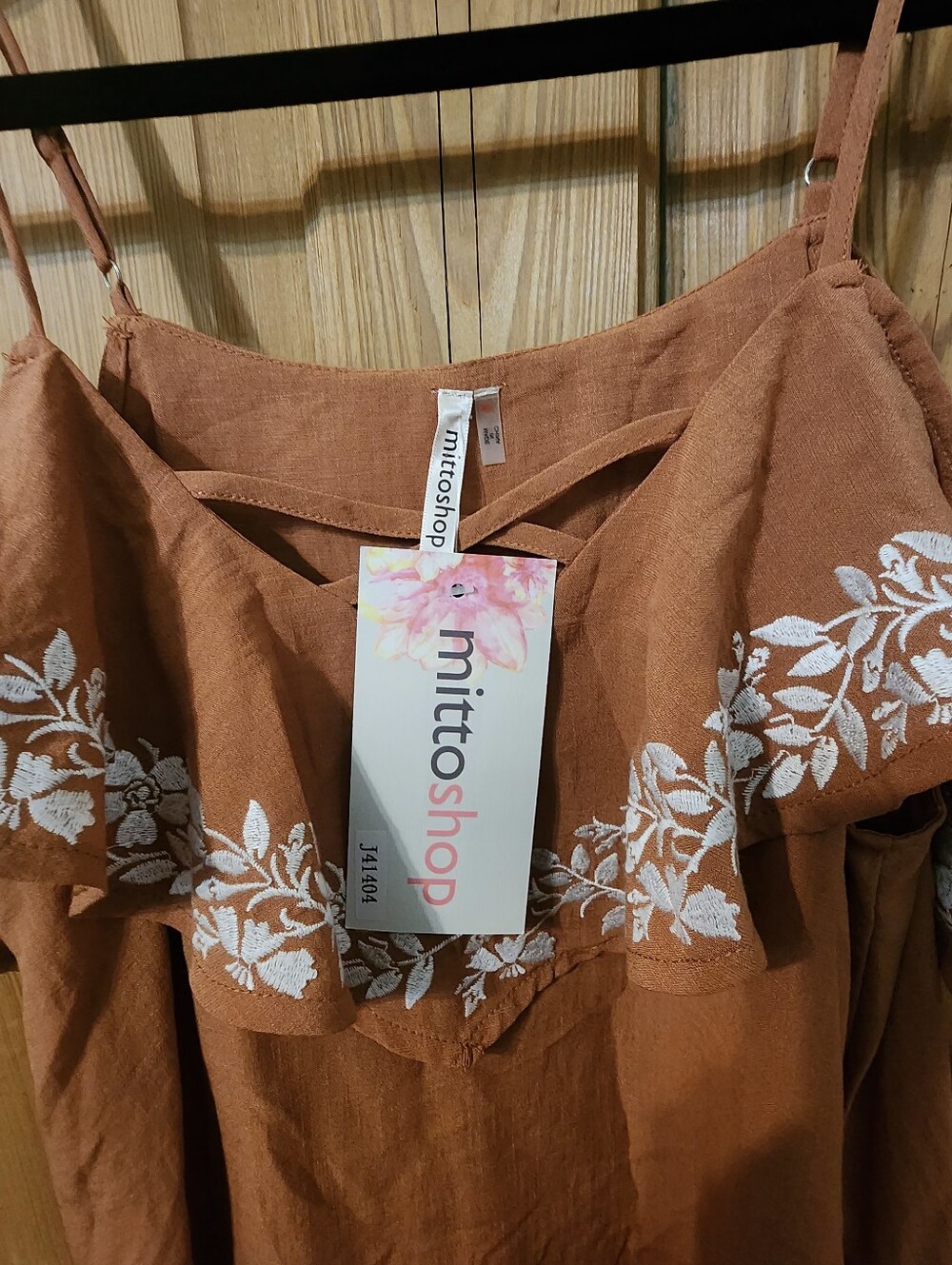 mittoshop Rust Brown Spaghetti Strap Dress with White Floral Embroidery, Size S - Picture 4 of 9